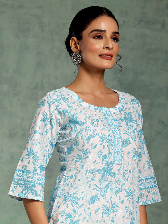 Libas Floral Printed Flared Sleeves Pure Cotton Kurti