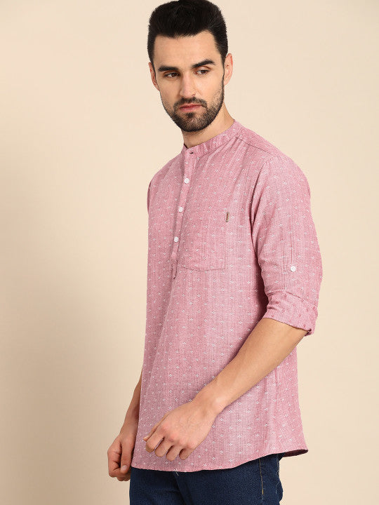 Anouk Men Pink Woven Design Cotton Short Kurta