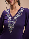 Vishudh Violet Floral Embroidered V-Neck Long Sleeves Thread Work Kurta