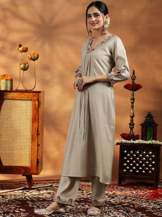 Libas Floral Yoke Design V-Neck Thread Work A-Line Kurta With Trousers And Dupatta