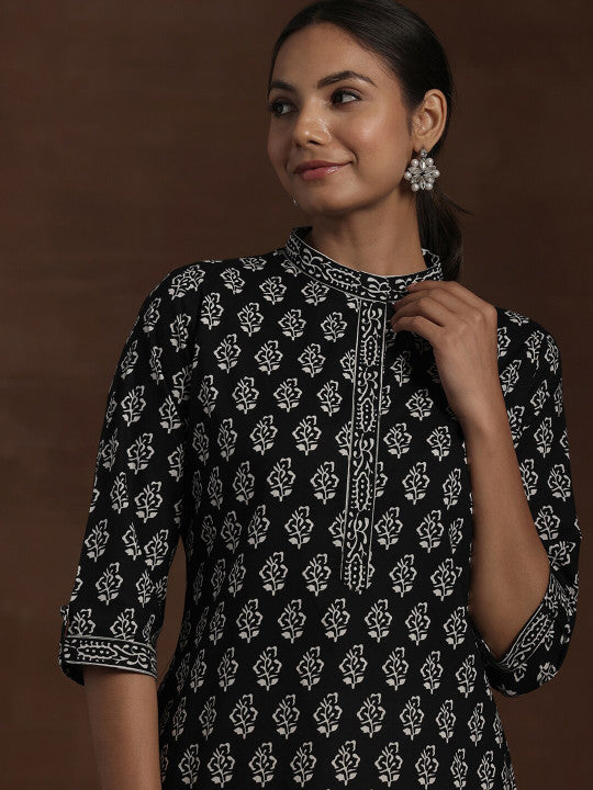 Libas Floral Block Printed High Neck Pure Cotton Straight Kurti