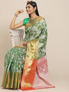 Silk Land Green & White Ethnic Motifs Zari Ikat Saree