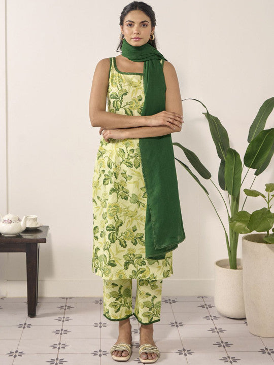 Women Floral Printed Regular Pure Cotton Kurta with Palazzos & With Dupatta