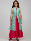 Bitiya by Bhama Girls Sea Green & Pink Printed Foil Print Ready to Wear Lehenga Choli