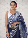 House of Pataudi Navy Blue Floral Organza Saree
