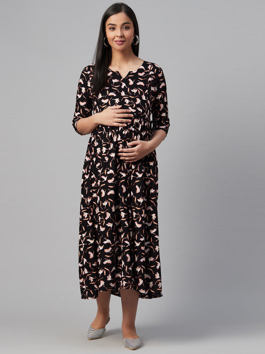 Women Black & Off-White Printed Maternity A-Line Dress