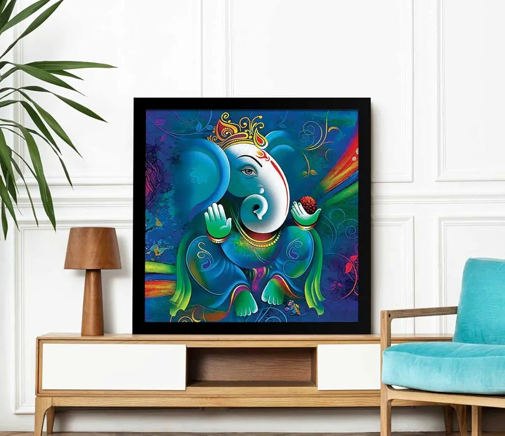 ArtX Ganesh Ji Big Canvas Painting With Frame, Multicolour, Square, 24.0 x 24.0 inch, 2x2 Feet, Set Of 1