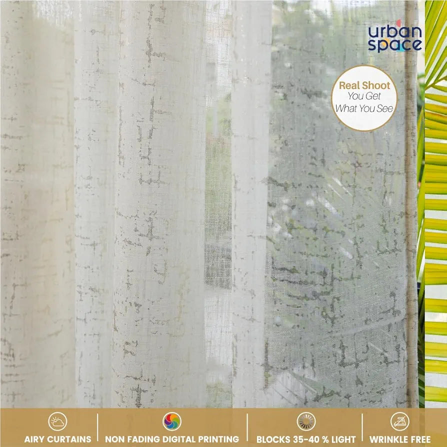 Urban Space Linen Textured Metallic Gold Foil Sheer Curtains for Door, 35-40% Room Darkening, Set of 2 Decorative Curtains with Tieback and Eyelets 