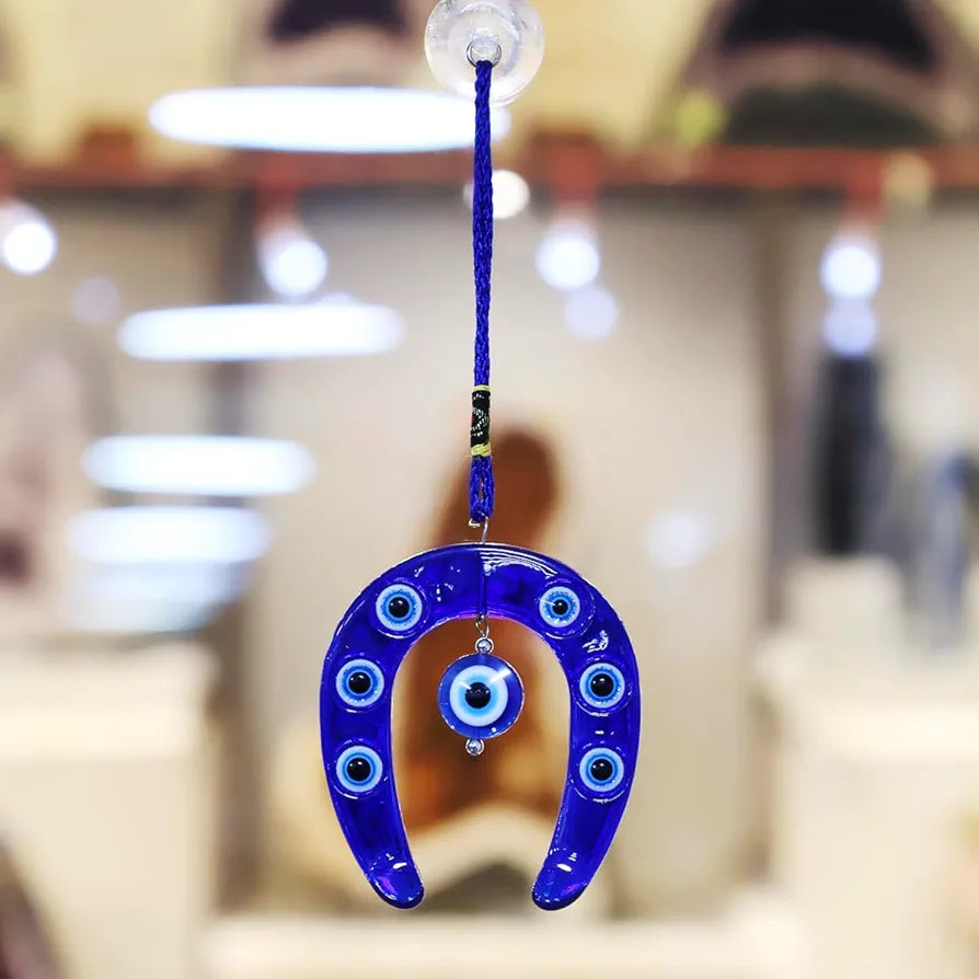 Shubhanjali Glass Blue Evil Eye Ghode Ki Naal Hanging For Main Door Entrance Turkish Evil Eye Horseshoe For Wall Hanging Car Home Décor,6 Cm