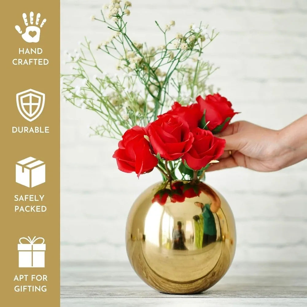 BEHOMA Metal Ball Round Flower Vase for Home Decor|Table Decorative Item for Bedroom Living Room Office Wedding | Best Gift for Birthday Anniversary Festival | Gold, Medium 