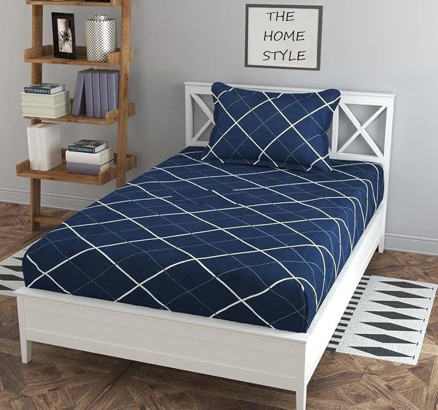 THE HOME STYLE Cotton Feel Glace Cotton Elastic Fitted All Around Printed Full Length Single Bed Bedsheet With 1 Pillow Cover,300 TC