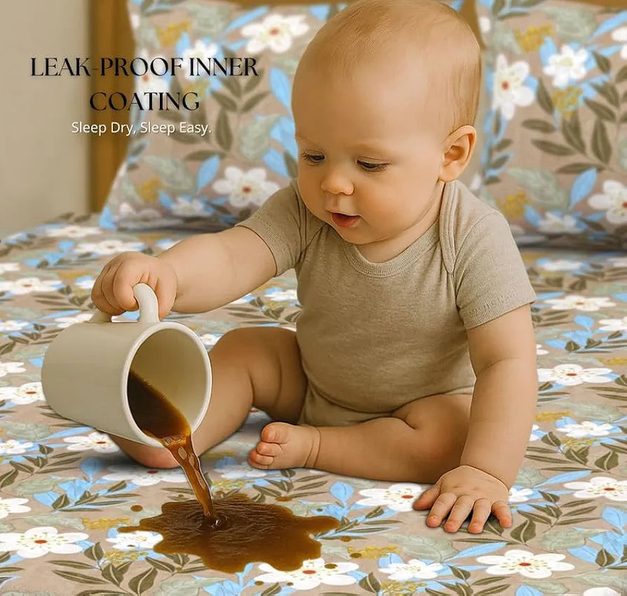 Waterproof Fitted Bedsheet for King Size 78x72+10 inch | Leakproof, Noiseless, Skin-Friendly | Elastic Bed Sheet with 2 Pillow Covers | Dustproof & Breathable -Green & White