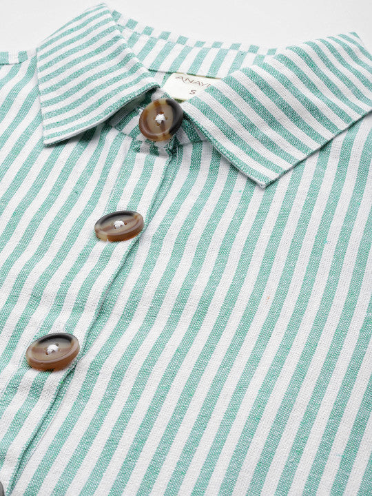 Striped Puff Sleeve A-Line Cotton Midi Dress