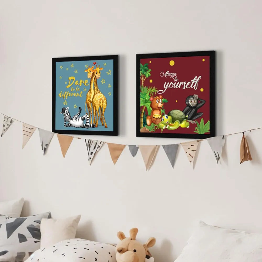 ArtX Set of 4 Cartoons Animals Kids Room Wall Art Painting, Framed Paintings 20 X 20 inches, 10 X 10 each, Multicolor, Synthetic Wood, Set Of 4 Wall Art 