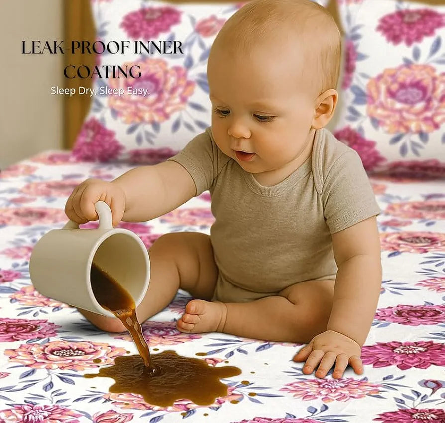 Waterproof Fitted Bedsheet for King Size 78x72+10 inch | Leakproof, Noiseless, Skin-Friendly | Elastic Bed Sheet with 2 Pillow Covers | Dustproof & Breathable -Pink & White