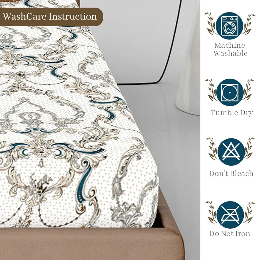 Divine Casa White and Grey Floral Pattern 144 TC 100% Cotton Elastic Fitted Printed Queen Size Double Bed Bedsheet with 2 Pillow Cover for Bedroom