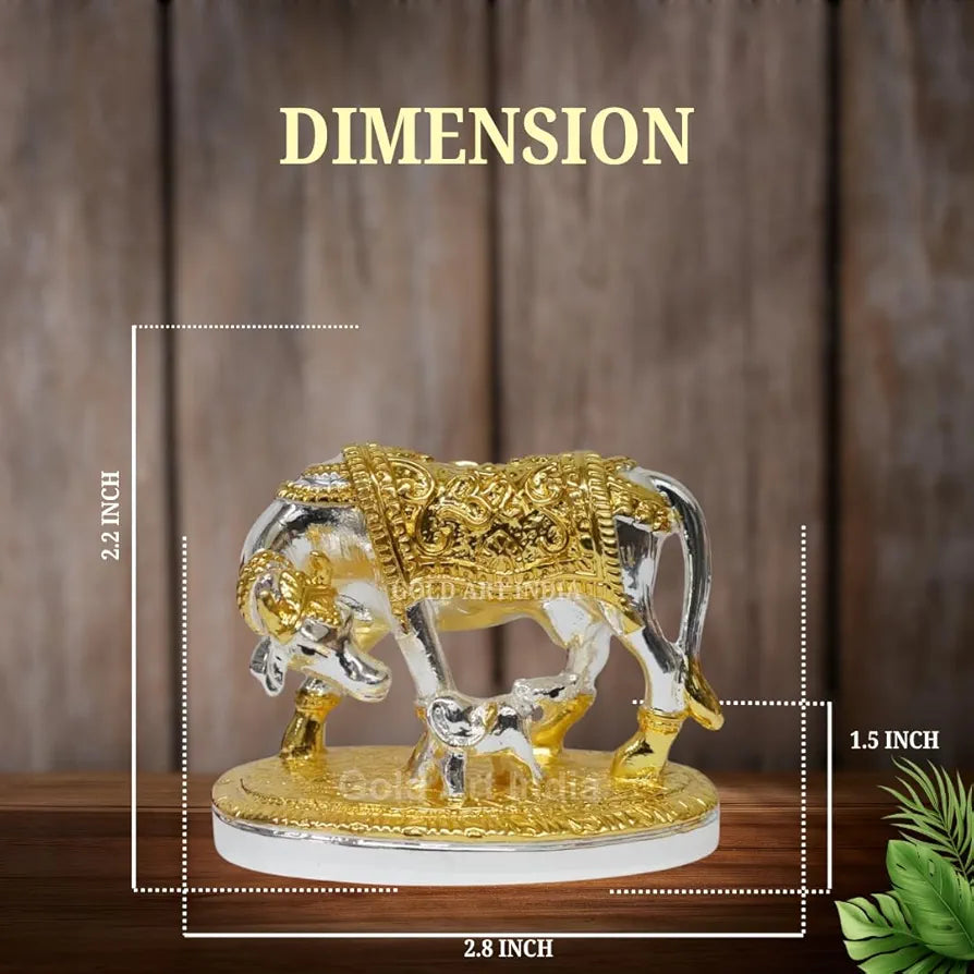 Gold Art India Om Kamdhenu Cow with Calf Idol  Gold Silver Plated for Home Decor | Gaay Bachda Cow and Calf for Vastu | Positive Energy | Wealth | Diwali Puja | Housewarming 2.2 Inch