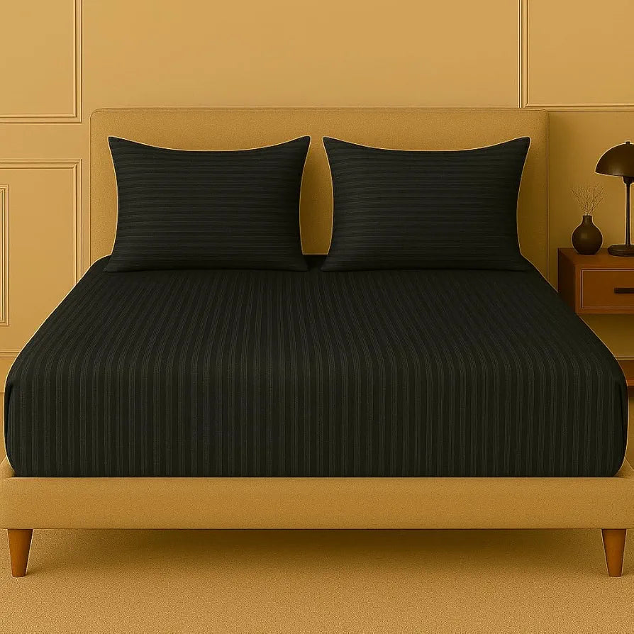Trance Home Linen 100% Cotton 78x66 inch 200TC Satin Stripe Elastic Fitted Bedsheet | Daily Use Double Bed Fitted Bedspread with 2 Pillow Covers 