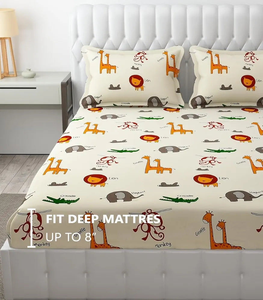 FRESH FROM LOOM Glace Cotton Wrinkle Free Elastic Fitted Bed Sheet with 2 Pillow,Cartoon Printed,Bedsheet for Kids Room ,Cream/Animal),Double Bed,300 TC