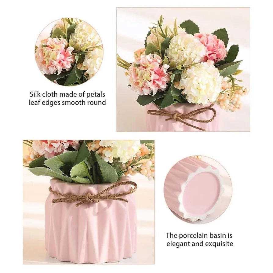 HOME ELEMENTS 1 Pc Artificial Flower with Ceramic Vase for Home Decor Hydrangea Bouquet Fake Flower Arrangements for Living Room Tabletop Showpiece Bedroom Office Desk Artificial Flower Plants 