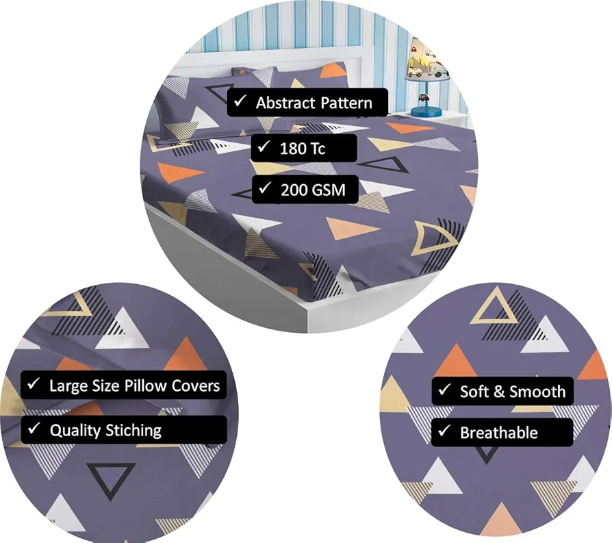 HOMEKART Premium Cotton Elastic Fitted Bedsheets with 2 King Size Pillow Covers Double Bed with All Around Elastic Supersoft Size - 72 x 78 +10 inches Abstract Blue and Orange 200 tc - 220 tc