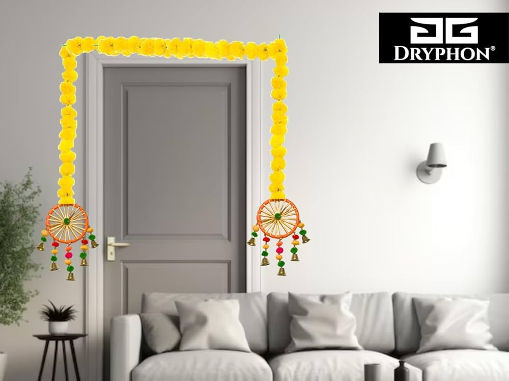 DRYPHON Artificial Marigold Flowers With Pom Pom Ring Bell Hanging Garlands for Home Decoration, Diwali, Wedding, Puja 