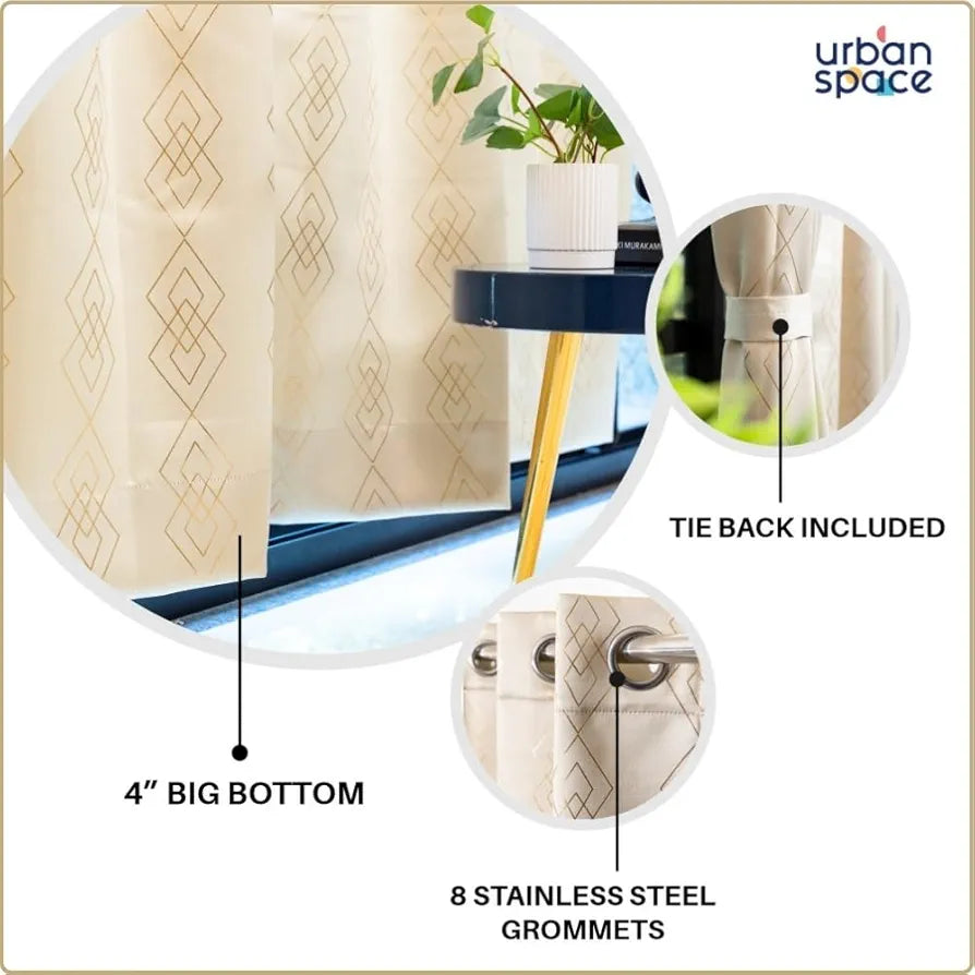 Urban Space Blackout Curtains for Living Room, Gold Foil Printed Luxurious 80-85% Blackout Decorative Curtains Eyelet with Tieback, 1 Piece - Diamond Beige 