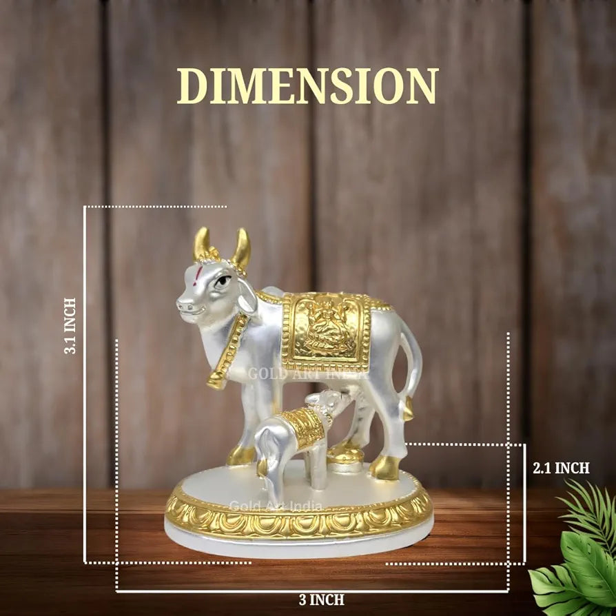 Gold Art India Kamdhenu Cow with Calf Idol Gold Silver Plated with Matte Finish | Home Decor Gaay Bachda Cow |Calf for Vastu | Positive Energy | Wealth Idol Diwali Puja | Housewarming 3.1 Inch