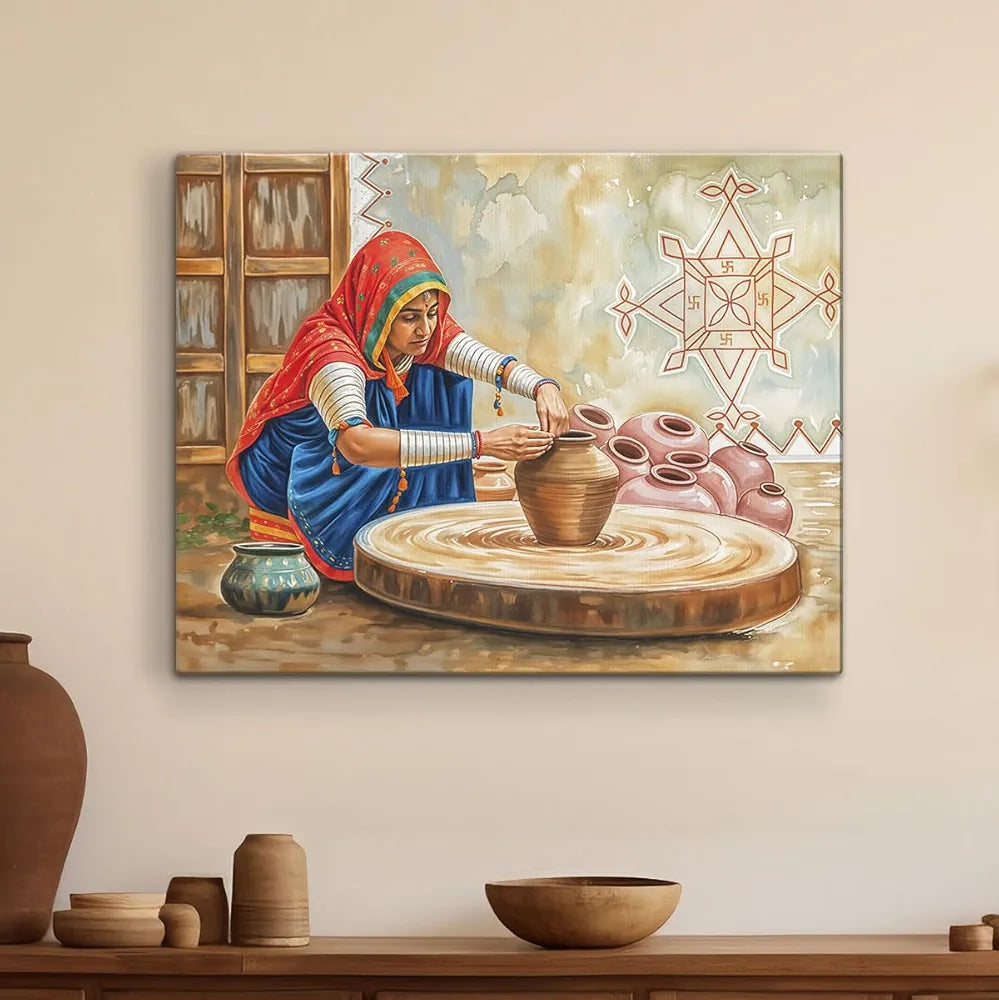 ArtX Paper Woman Making Pots Indian Village Scene Nature Wall Art Painting, Wall Decor For Living Room, Multicolor, Nature, 58.0 X 45.0 cm, Set of 1