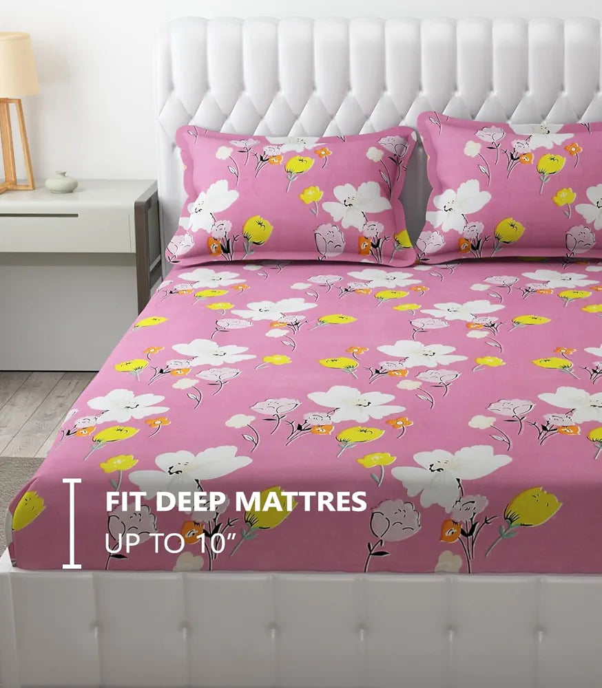 FRESH FROM LOOM Elastic Fitted Floral Bed Sheets|Bed Covers For Mattresses Tuck In|Soft Glace Cotton Fitted Bedsheet King Size Bed With Two Pillow Cover,144 TC