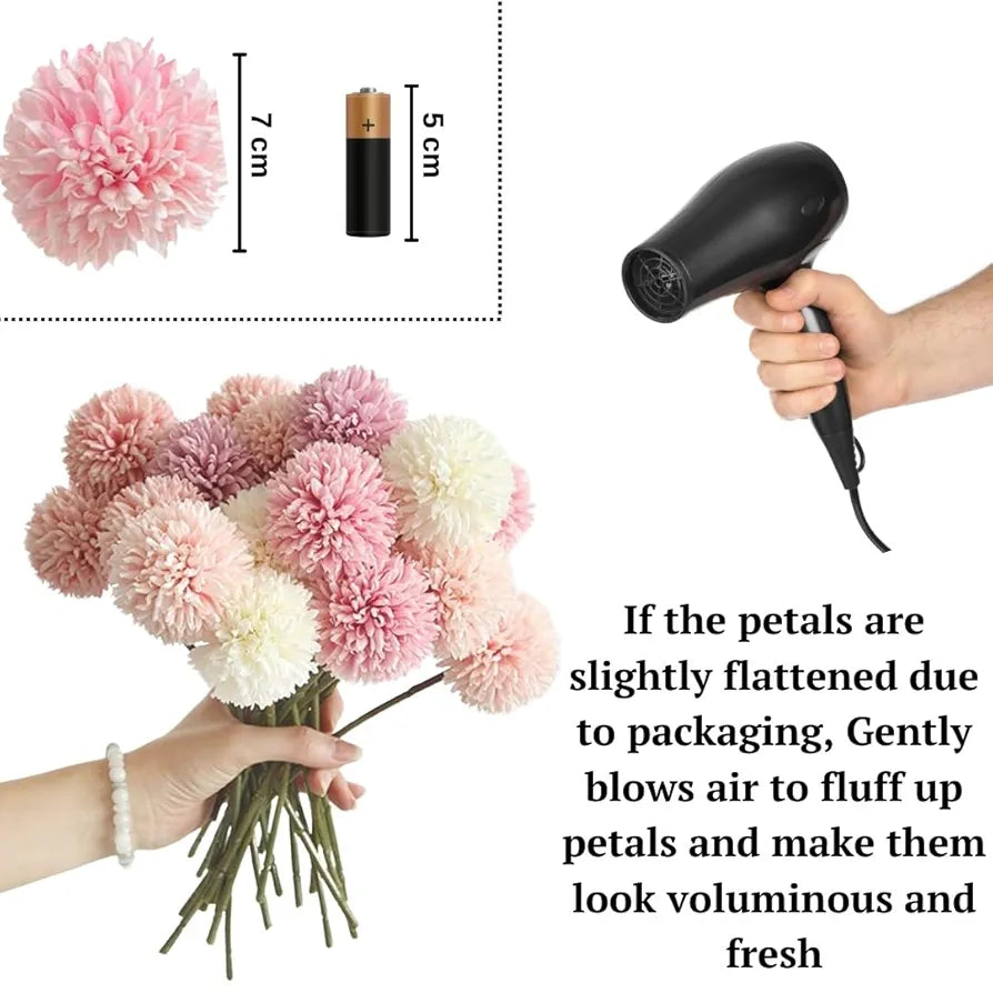 SATYAM KRAFT 5 Pcs Artificial Chrysanthemum Ball Flowers Fabric Small Flower Sticks Bouquet for Home Decor, Office, Living Room, Bedroom, Table, Wedding Decoration Item 