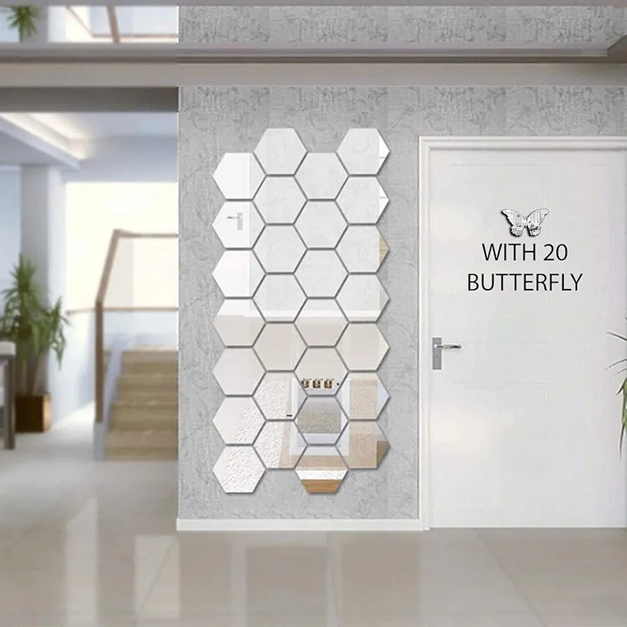 Bikri Kendra - 28 Hexagon Silver with 20 Butterfly Stickers for Wall, Mirror Stickers, 3D Acrylic Stickers Wall Stickers