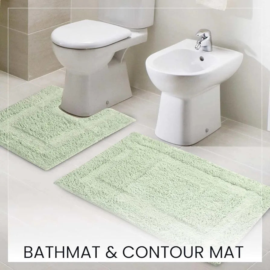 SASHAA WORLD Solid Anti-Skid Cotton Bathmat and Contour Set for Bathroom, Ultra Soft & Absorbent, Tufted Weave, Anti-Slip Latex Backing, Includes Contour & Rectangle Mat, 50X80cm, Mint Pack of 2