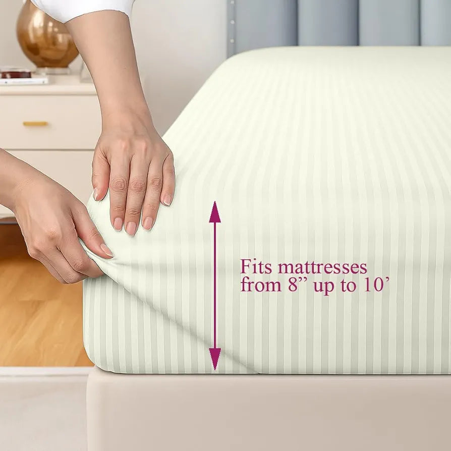 Trance Home Linen 100% Cotton 78X72 Inch King Fitted 200Tc Satin Stripe Elastic Fitted Bedsheet|Bedroom Hotels Daily Use Fitted Bedspread With 2 Pillow Covers 