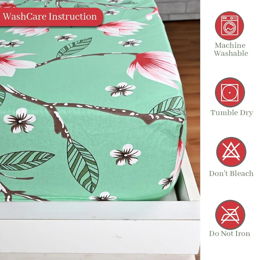 Divine Casa Floret 100% Cotton King Fitted Bedsheet | 144 TC | Deep Pocket Design | Soft & Breathable Fabric | Durable & Easy Care | 200 x 185 + 25 CM, Blossom Haven Mint