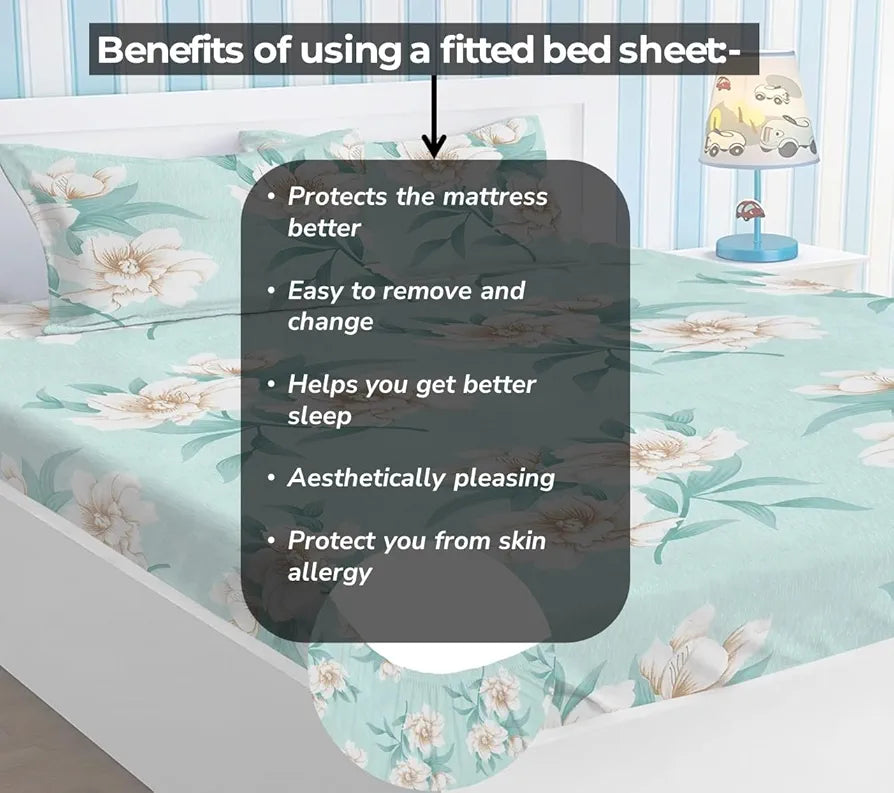 Premium Cotton Elastic Fitted Bedsheets with 2 King Size Pillow Covers Double Bed with All Around Elastic Supersoft Size - 72 x 78 +10 inches Flower Print Light Green 200 tc - 220 tc