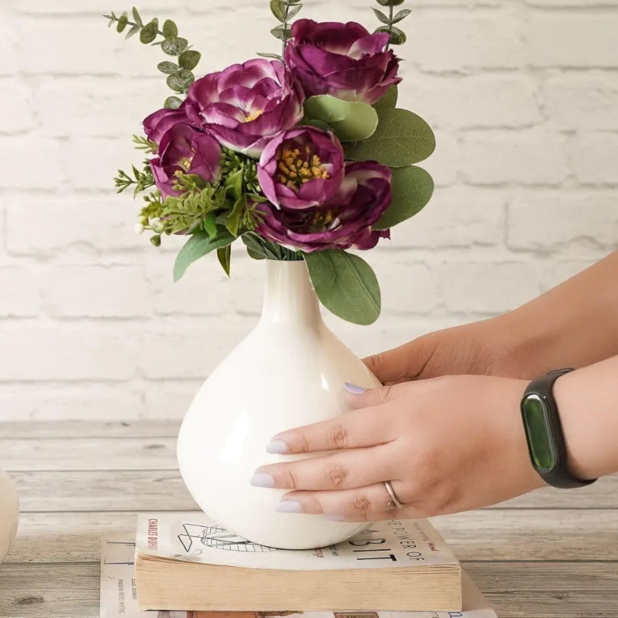 BEHOMA Metal Flower Vase For Home Decor Balcony Living Room Office | Table Decorative Showpiece Item For Festivals Birthday Off White Tall Vase , Round