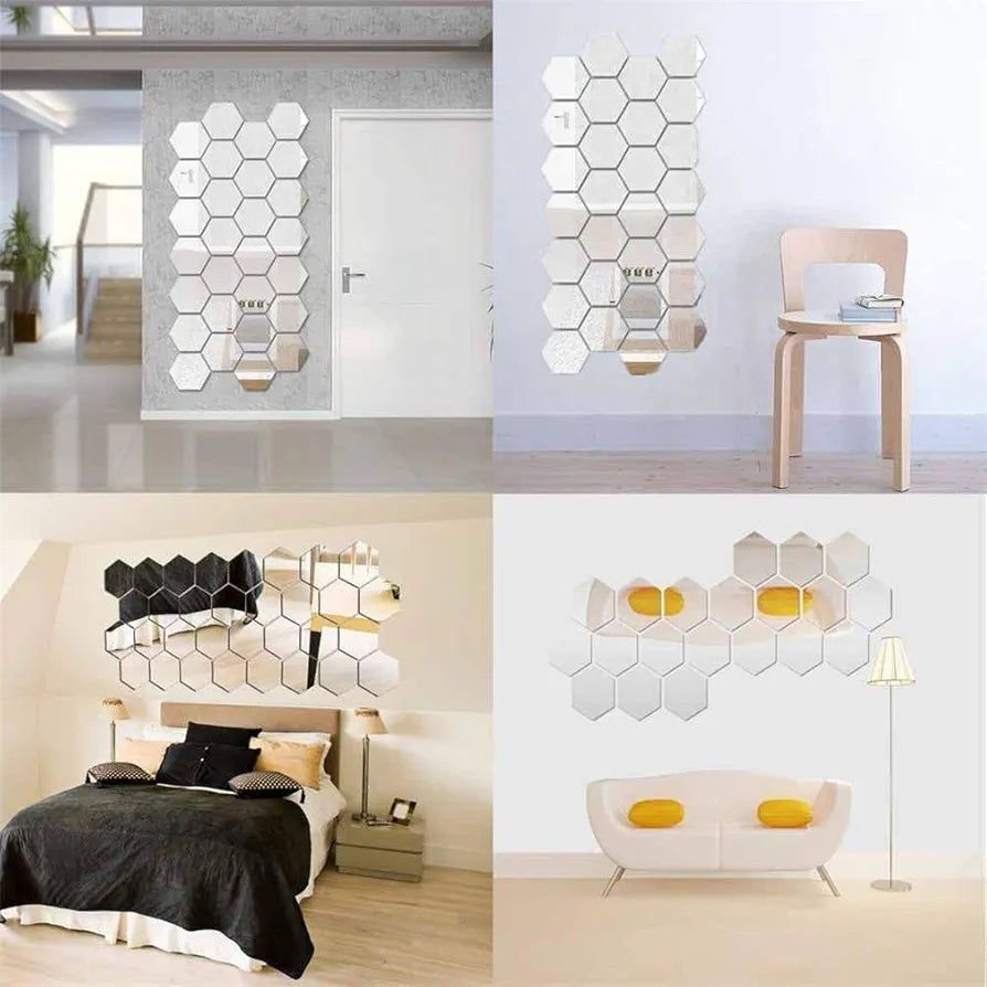 Bikri Kendra - Hexagon 28 Silver with 20 Butterfly Mirror Stickers for Wall, Hexagon Mirror Wall Stickers, Acrylic Sticker, Hexagonal Wall Sticker-Self-Adhesive
