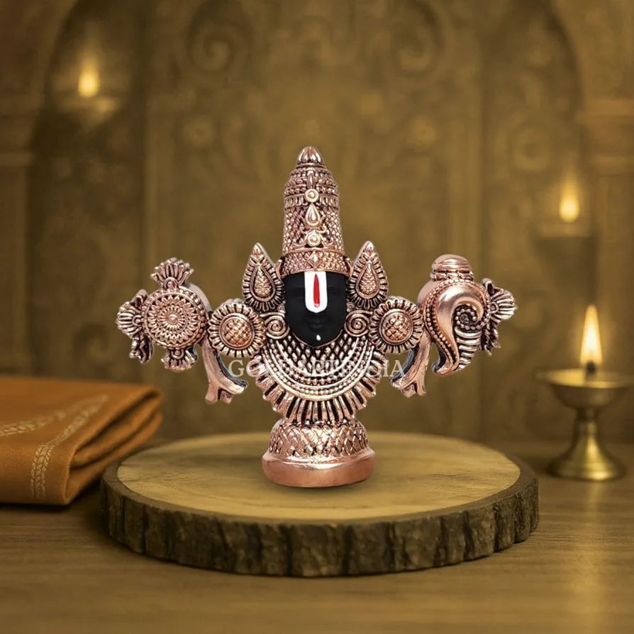 Gold Art India Lord Venkateswara Balaji Idol | Copper-Plated Antique Matte Finish | 3.5 x 4.2 inch | Small Tirupati Balaji Murti for Home Temple, Car Dashboard & Gifting