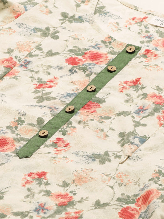 Women Cream-Coloured & Green Floral A-Line Maternity Kurta