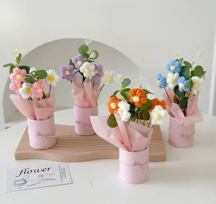 VRB Dec 1pcs Artificial Crochet Flower Bouquet/Artificial Flowers Bunch/Crochet flowers bouquet/Crochet flowers/Flowers Bouquet Gift for Girls Home Decor,gifting,etc. 