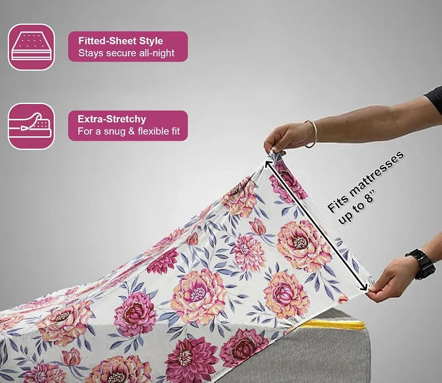 Waterproof Fitted Bedsheet for King Size 78x72+10 inch | Leakproof, Noiseless, Skin-Friendly | Elastic Bed Sheet with 2 Pillow Covers | Dustproof & Breathable -Pink & White