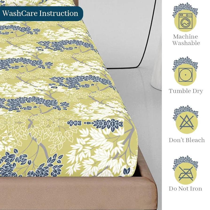 Divine Casa 144 TC Floral Green 100% Cotton Elastic Fitted Bedsheets King Size with 2 Pillow Covers - 78 x 72 inches