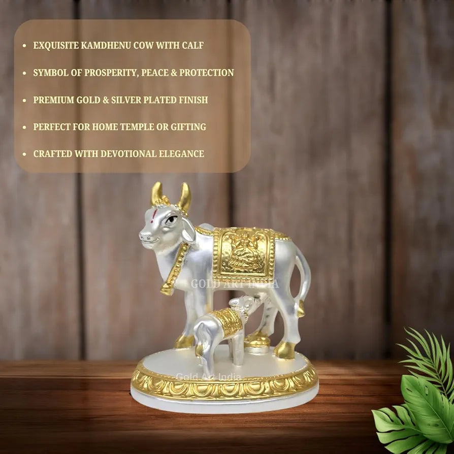Gold Art India Kamdhenu Cow with Calf Idol Gold Silver Plated with Matte Finish | Home Decor Gaay Bachda Cow |Calf for Vastu | Positive Energy | Wealth Idol Diwali Puja | Housewarming 3.1 Inch