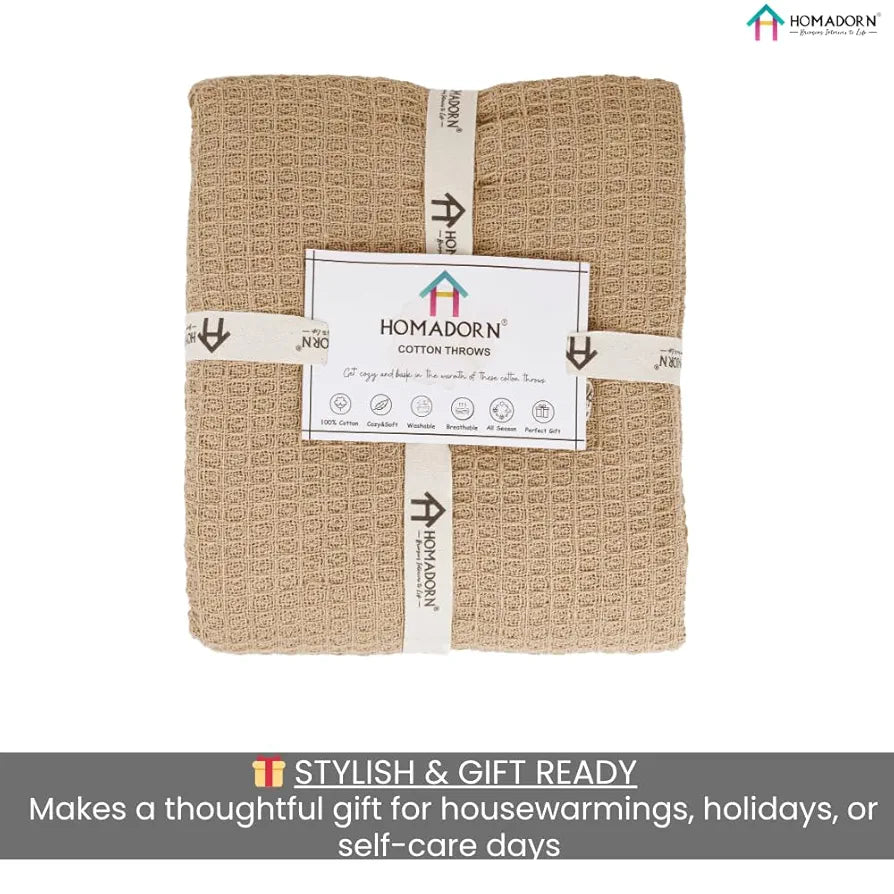 HOMADORN Waffle Weave Cotton Throw Blanket – Lightweight, Breathable & Cozy for Sofa or Bed  Beige