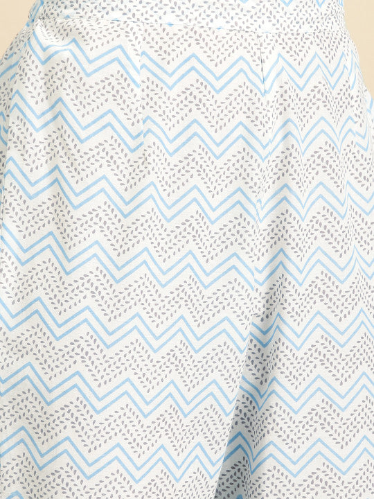 anayna Women White & Blue Printed Kurta with Trousers