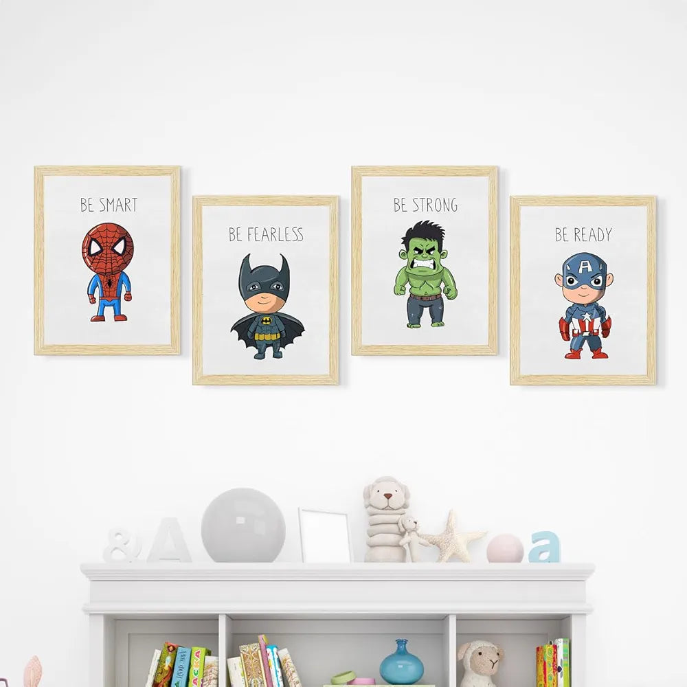 ArtX Wall Paintings For Kids Room, Superheroes Kids Room Wall Frame, Superheros, 10x13 inch each, Multicolor, Synthetic Wood, Set Of 4