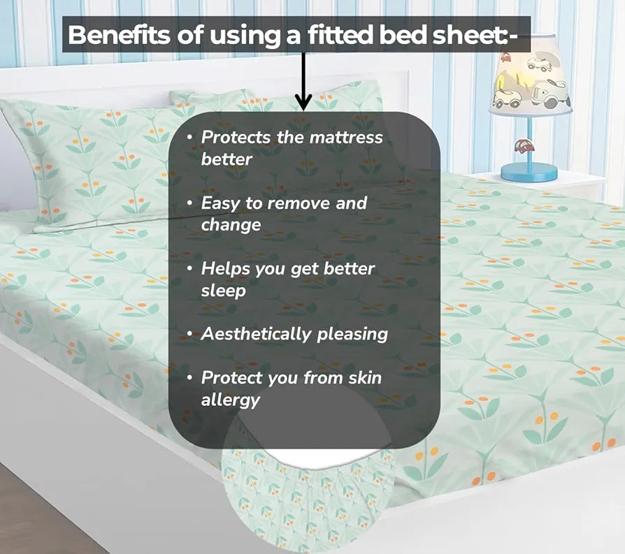 Premium Cotton Elastic Fitted Bedsheets with 2 King Size Pillow Covers Double Bed with All Around Elastic Supersoft Size - 72 x 78 +10 inches Flower Print Light Green Orange 200 tc - 220 tc