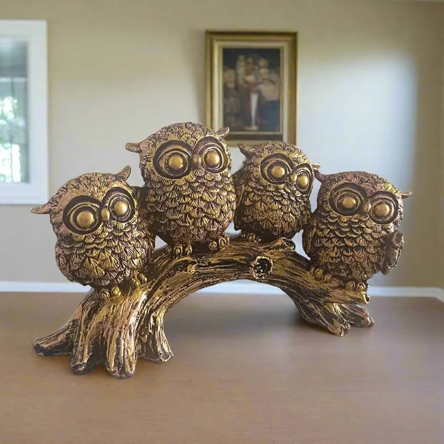 ALILA Owls Set Sitting On Tree Log Owl Lucky Statue Showpiece Idol for Gifting & Home Table Decoration