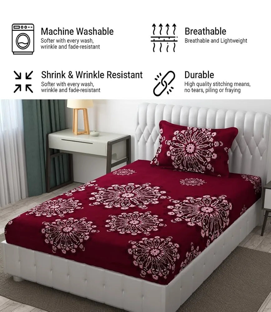 FRESH FROM LOOM Floral Single Bedsheet Size Microfiber Bedsheet Set-Printed, Hypoallergenic, Wrinkle Free with 2 Pillow Covers 144 TC 